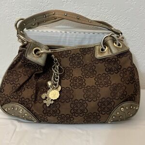 Kathy Van Zeeland Metallic Gold Trim Handbag Purse Satchel Fleur De Lis 14.5 X 9
